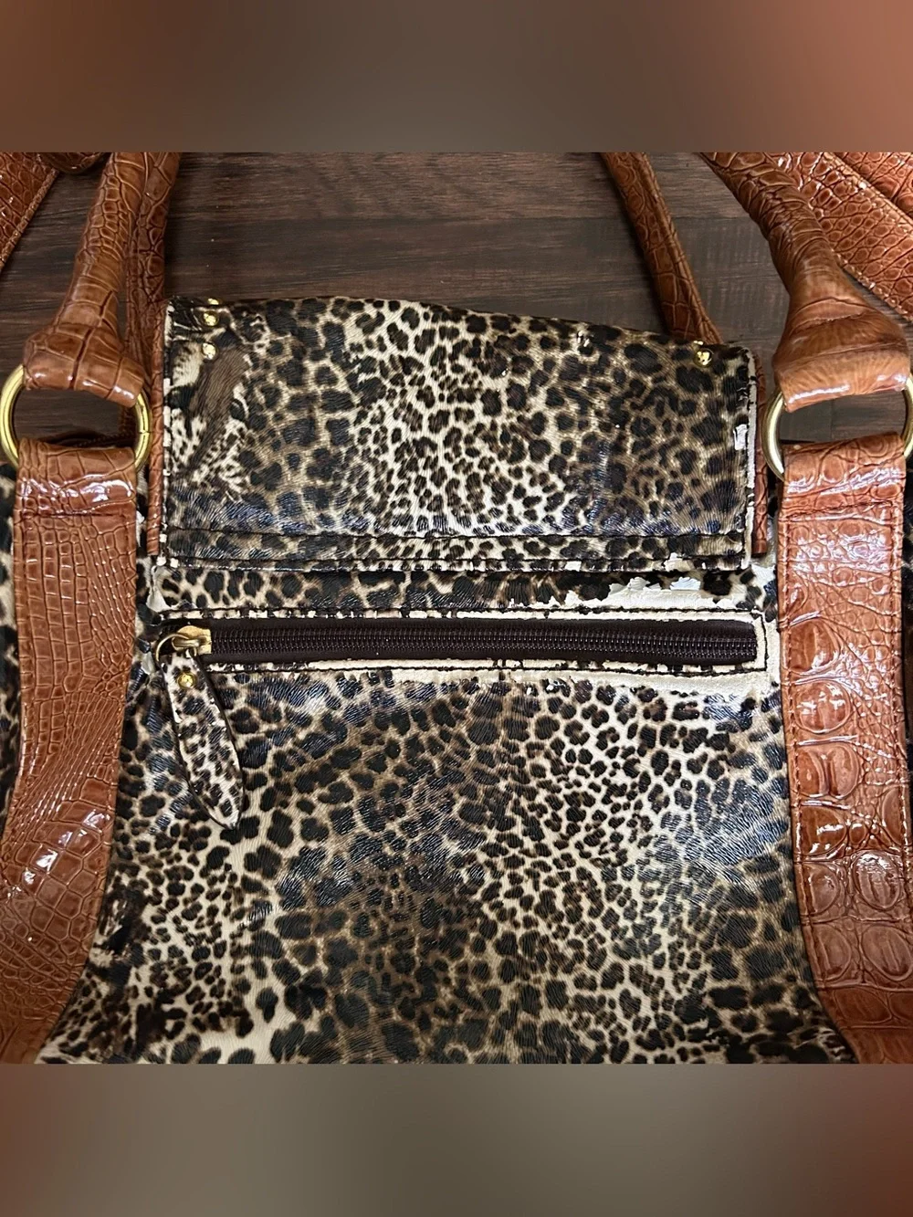Leopard Print and Brown Studded Satchel Handbag